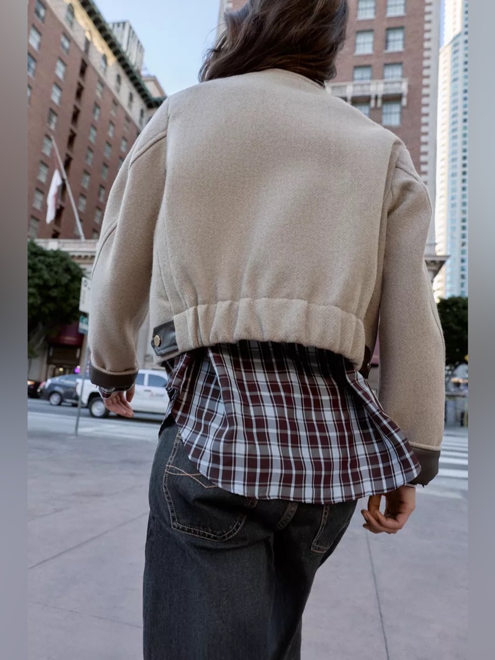 Zara Beige Cropped Jacket with Dark faux leather trim bomber. POP - Picture 5 of 12
